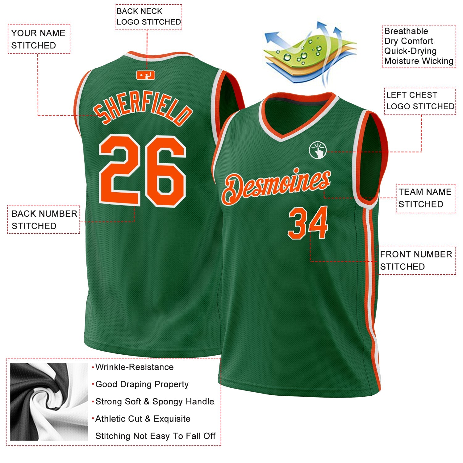 Custom Kelly Green Orange-White Authentic Throwback Basketball Jersey - Sky-Custom