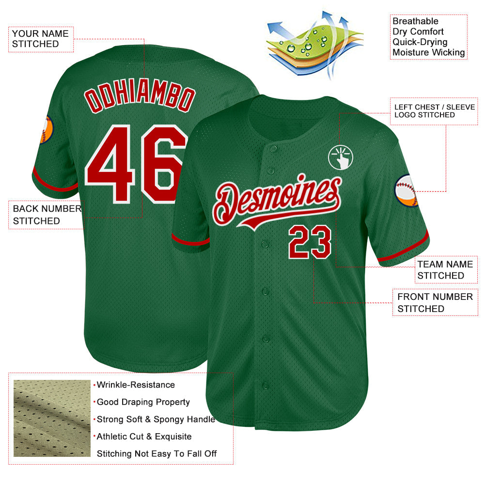 Custom Kelly Green Red-White Mesh Authentic Throwback Baseball Jersey - Sky-Custom