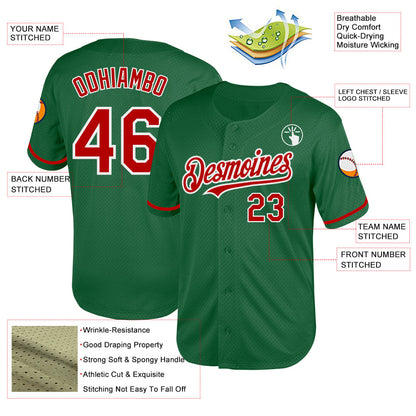 Custom Kelly Green Red-White Mesh Authentic Throwback Baseball Jersey - Sky-Custom