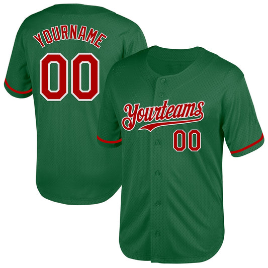Custom Kelly Green Red-White Mesh Authentic Throwback Baseball Jersey - Sky-Custom