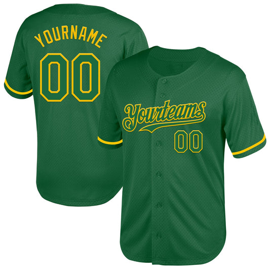 Custom Kelly Green Yellow Mesh Authentic Throwback Baseball Jersey - Sky-Custom