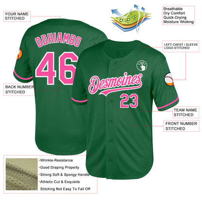 Custom Kelly Green Pink-White Mesh Authentic Throwback Baseball Jersey - Sky-Custom
