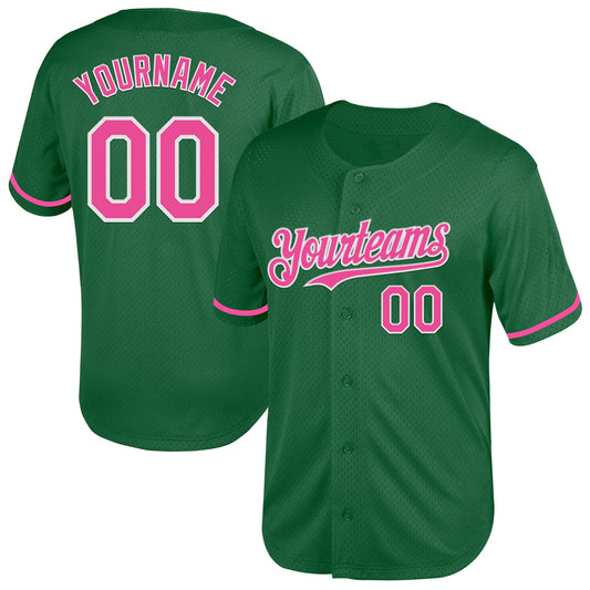 Custom Kelly Green Pink-White Mesh Authentic Throwback Baseball Jersey - Sky-Custom