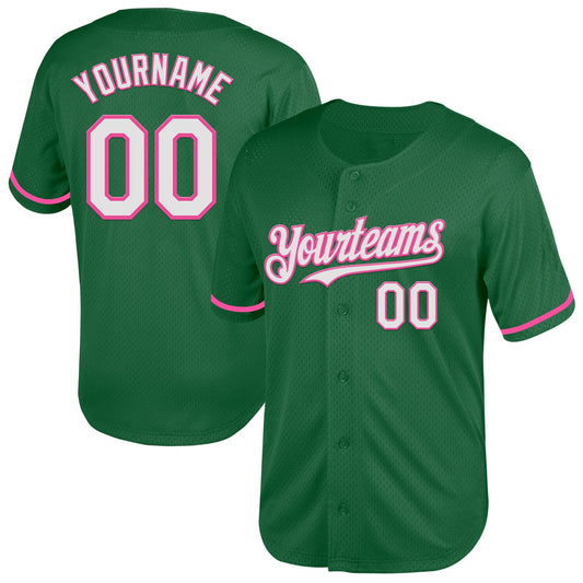 Custom Kelly Green White-Pink Mesh Authentic Throwback Baseball Jersey - Sky-Custom