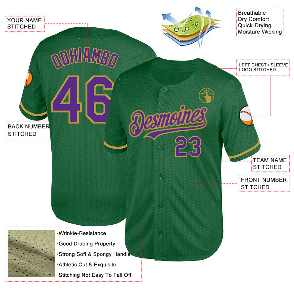 Custom Kelly Green Purple-Old Gold Mesh Authentic Throwback Baseball Jersey - Sky-Custom