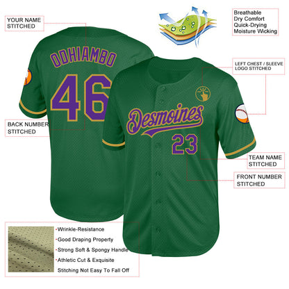 Custom Kelly Green Purple-Old Gold Mesh Authentic Throwback Baseball Jersey - Sky-Custom