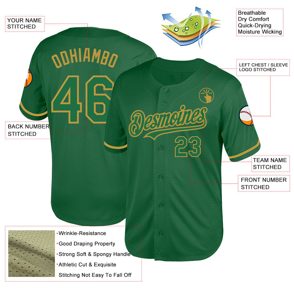Custom Kelly Green Old Gold Mesh Authentic Throwback Baseball Jersey - Sky-Custom