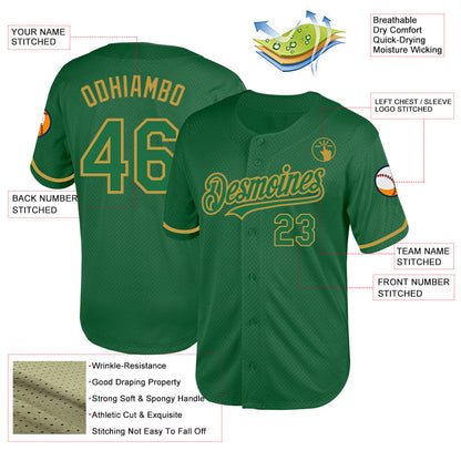 Custom Kelly Green Old Gold Mesh Authentic Throwback Baseball Jersey - Sky-Custom