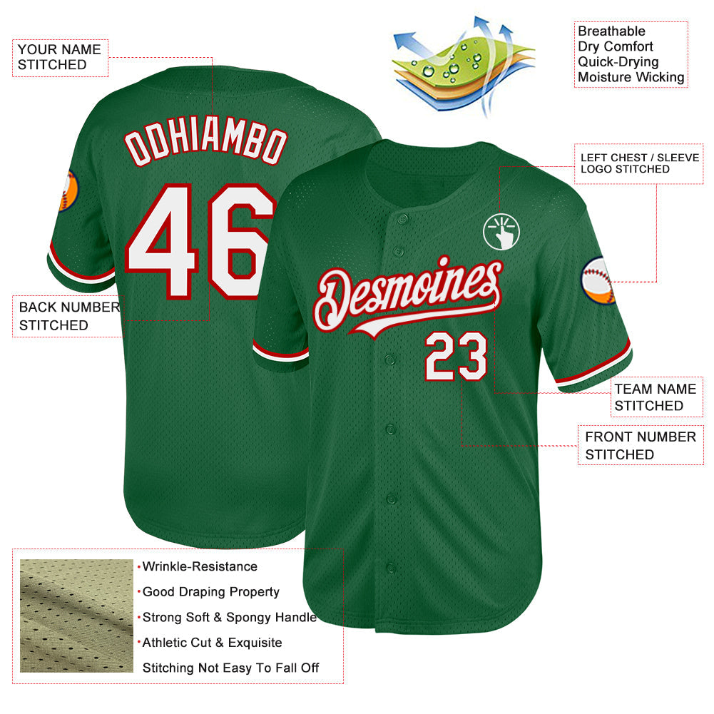 Custom Kelly Green White-Red Mesh Authentic Throwback Baseball Jersey - Sky-Custom