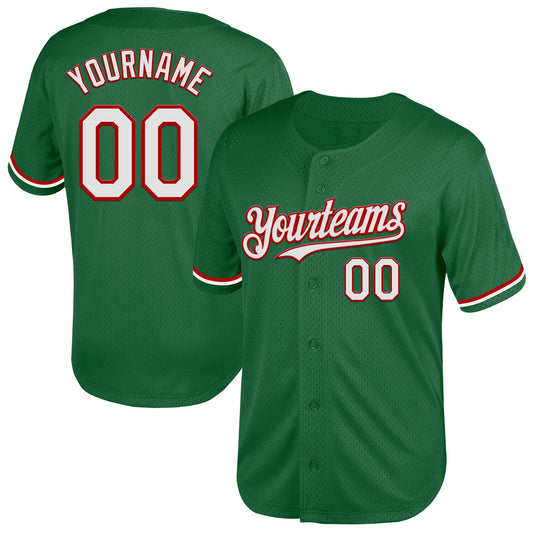 Custom Kelly Green White-Red Mesh Authentic Throwback Baseball Jersey - Sky-Custom