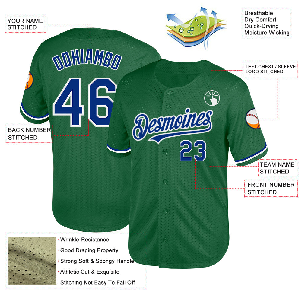 Custom Kelly Green Royal-White Mesh Authentic Throwback Baseball Jersey - Sky-Custom