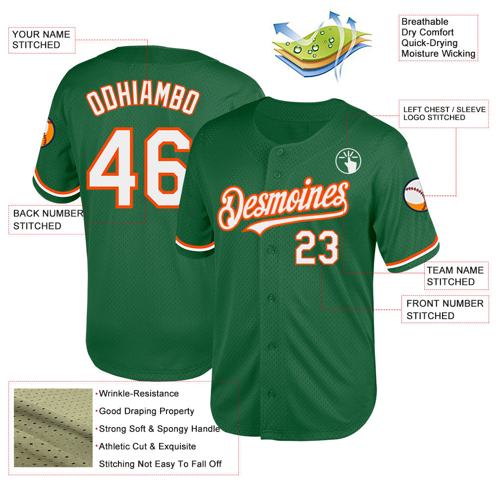 Custom Kelly Green White-Orange Mesh Authentic Throwback Baseball Jersey - Sky-Custom