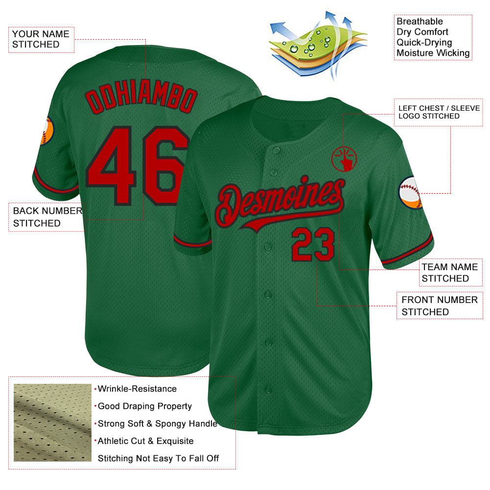 Custom Kelly Green Red-Black Mesh Authentic Throwback Baseball Jersey - Sky-Custom