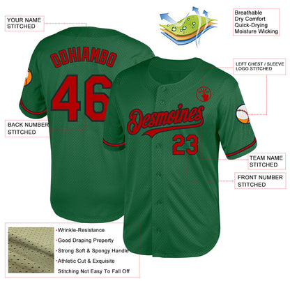 Custom Kelly Green Red-Black Mesh Authentic Throwback Baseball Jersey - Sky-Custom