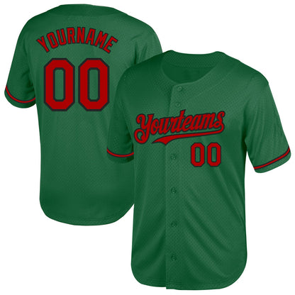 Custom Kelly Green Red-Black Mesh Authentic Throwback Baseball Jersey - Sky-Custom
