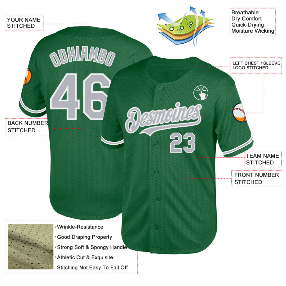 Custom Kelly Green Gray-White Mesh Authentic Throwback Baseball Jersey - Sky-Custom
