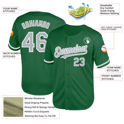 Custom Kelly Green Gray-White Mesh Authentic Throwback Baseball Jersey - Sky-Custom