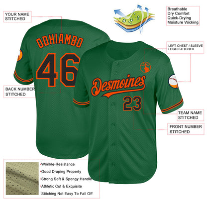 Custom Kelly Green Black-Orange Mesh Authentic Throwback Baseball Jersey - Sky-Custom