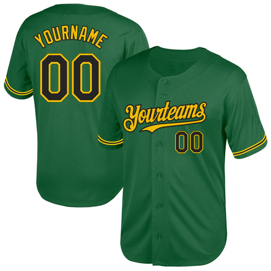 Custom Kelly Green Black-Yellow Mesh Authentic Throwback Baseball Jersey - Sky-Custom