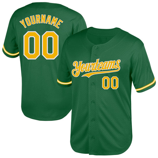 Custom Kelly Green Gold-White Mesh Authentic Throwback Baseball Jersey - Sky-Custom
