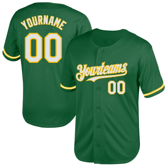 Custom Kelly Green White-Yellow Mesh Authentic Throwback Baseball Jersey - Sky-Custom