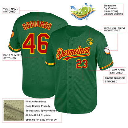 Custom Kelly Green Red-Gold Mesh Authentic Throwback Baseball Jersey - Sky-Custom