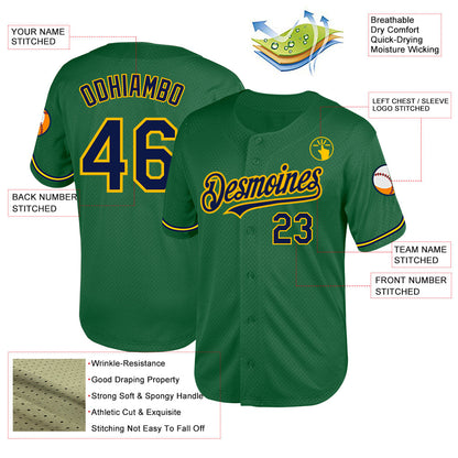 Custom Kelly Green Navy-Yellow Mesh Authentic Throwback Baseball Jersey - Sky-Custom