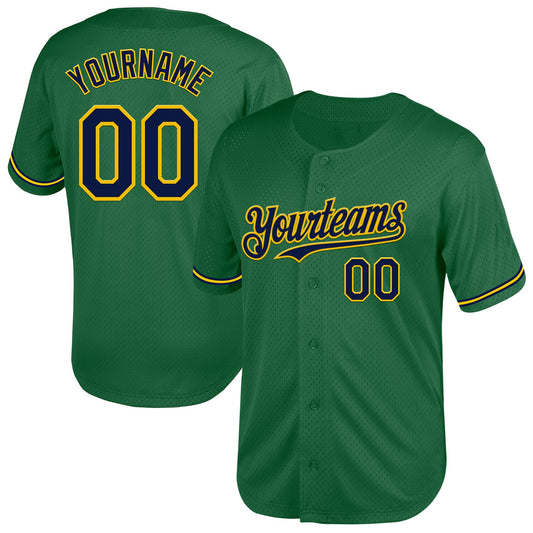 Custom Kelly Green Navy-Yellow Mesh Authentic Throwback Baseball Jersey - Sky-Custom
