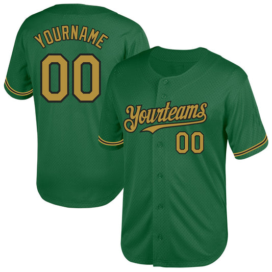Custom Kelly Green Old Gold-Black Mesh Authentic Throwback Baseball Jersey - Sky-Custom