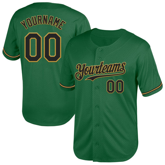 Custom Kelly Green Black-Old Gold Mesh Authentic Throwback Baseball Jersey - Sky-Custom