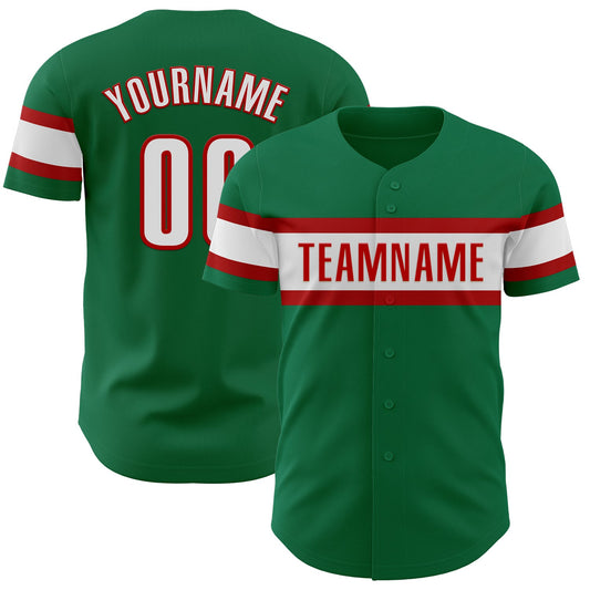 Custom Kelly Green White-Red Authentic Baseball Jersey - Sky-Custom