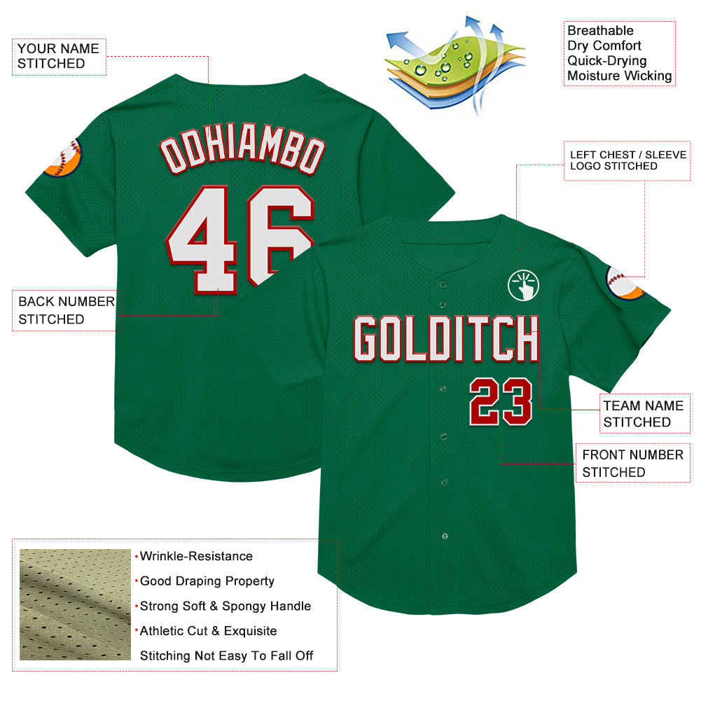 Custom Kelly Green White-Red Mesh Authentic Throwback Baseball Jersey - Sky-Custom