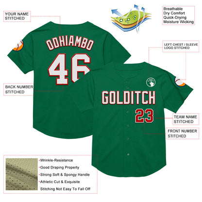 Custom Kelly Green White-Red Mesh Authentic Throwback Baseball Jersey - Sky-Custom