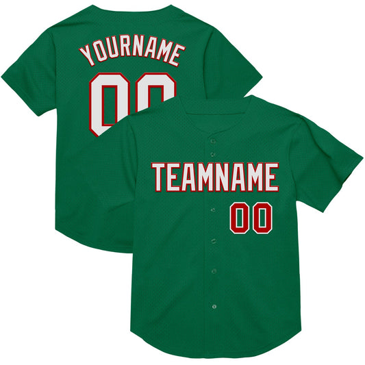 Custom Kelly Green White-Red Mesh Authentic Throwback Baseball Jersey - Sky-Custom