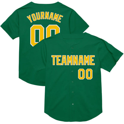 Custom Kelly Green Yellow-White Mesh Authentic Throwback Baseball Jersey - Sky-Custom