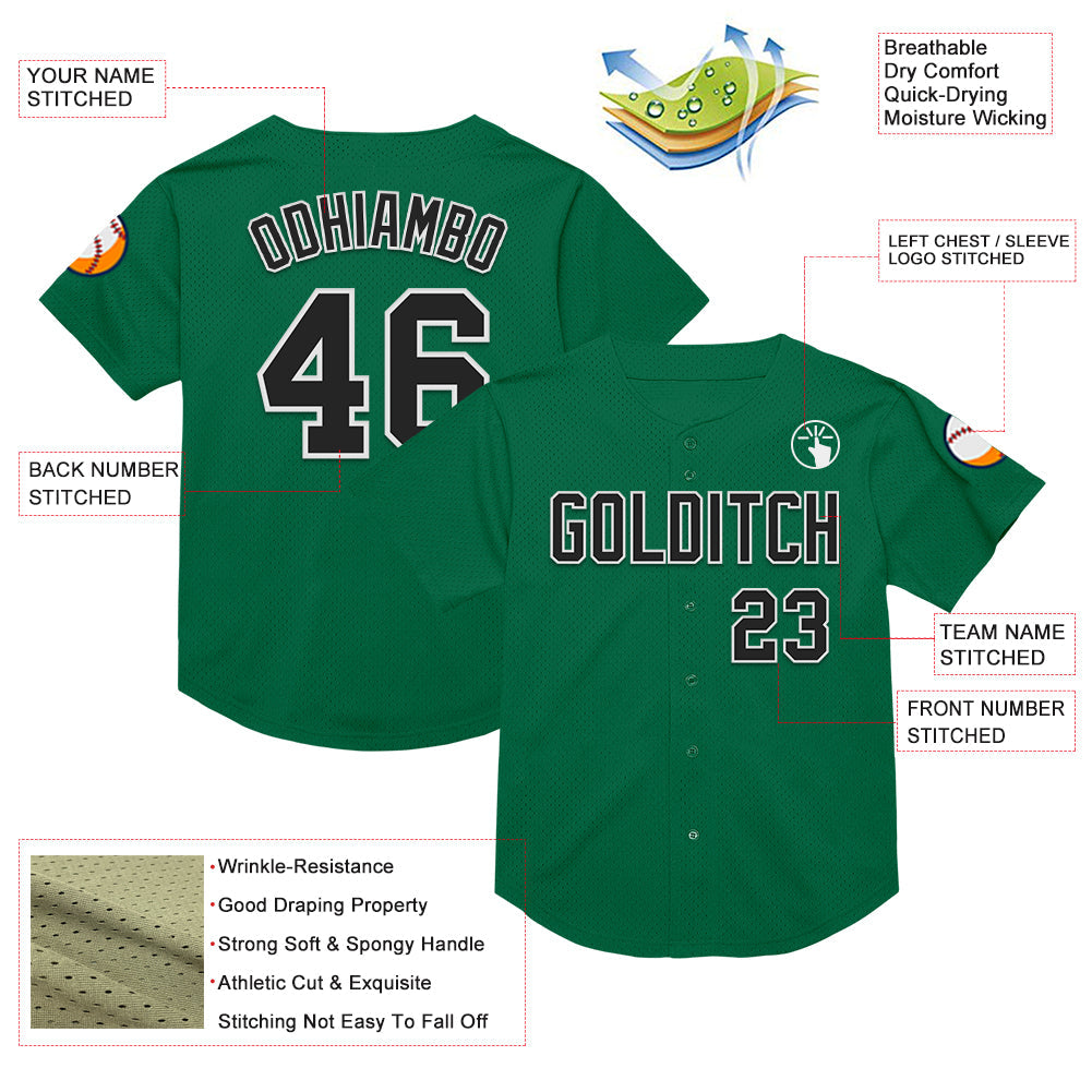 Custom Kelly Green Black-White Mesh Authentic Throwback Baseball Jersey - Sky-Custom