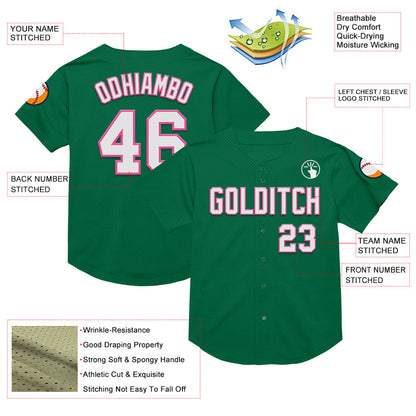 Custom Kelly Green White-Pink Mesh Authentic Throwback Baseball Jersey - Sky-Custom