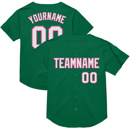 Custom Kelly Green White-Pink Mesh Authentic Throwback Baseball Jersey - Sky-Custom