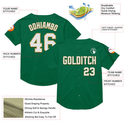 Custom Kelly Green White-Old Gold Mesh Authentic Throwback Baseball Jersey - Sky-Custom