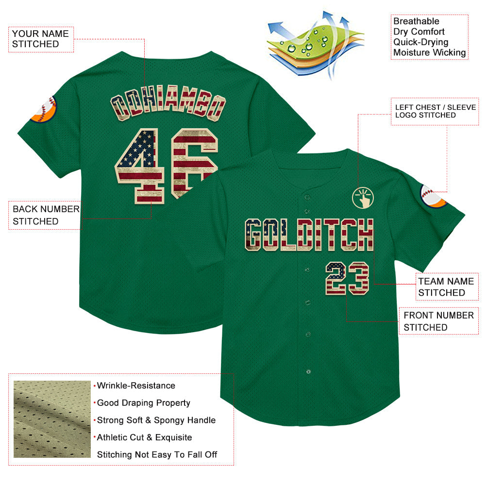 Custom Kelly Green Vintage USA Flag-Cream Mesh Authentic Throwback Baseball Jersey - Sky-Custom
