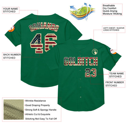 Custom Kelly Green Vintage USA Flag-Cream Mesh Authentic Throwback Baseball Jersey - Sky-Custom
