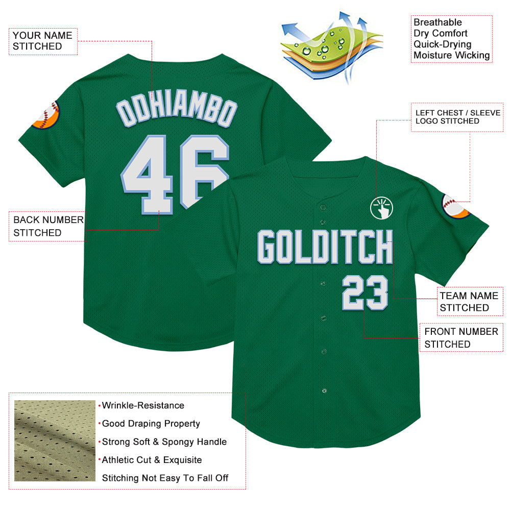 Custom Kelly Green White-Light Blue Mesh Authentic Throwback Baseball Jersey - Sky-Custom
