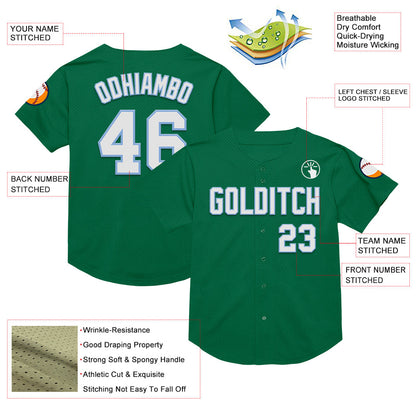 Custom Kelly Green White-Light Blue Mesh Authentic Throwback Baseball Jersey - Sky-Custom