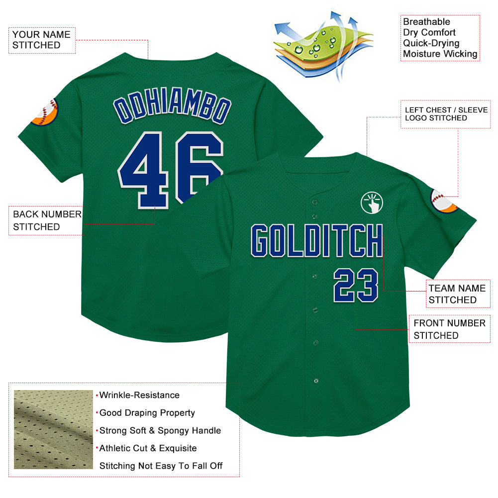 Custom Kelly Green Royal-White Mesh Authentic Throwback Baseball Jersey - Sky-Custom