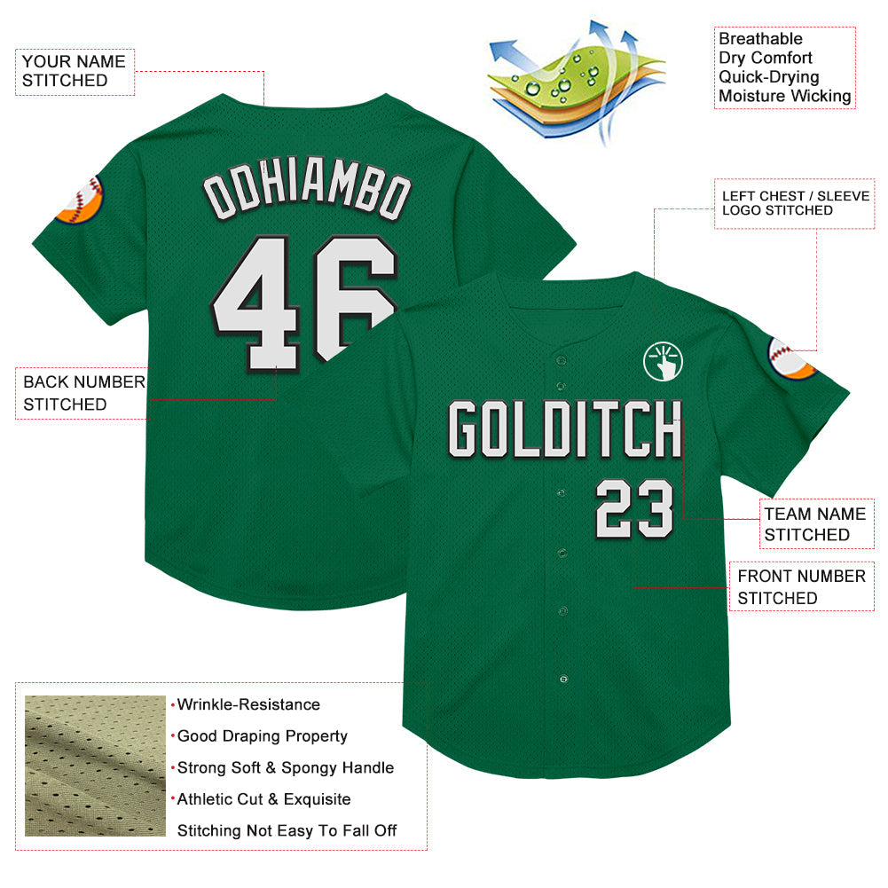 Custom Kelly Green White-Black Mesh Authentic Throwback Baseball Jersey - Sky-Custom