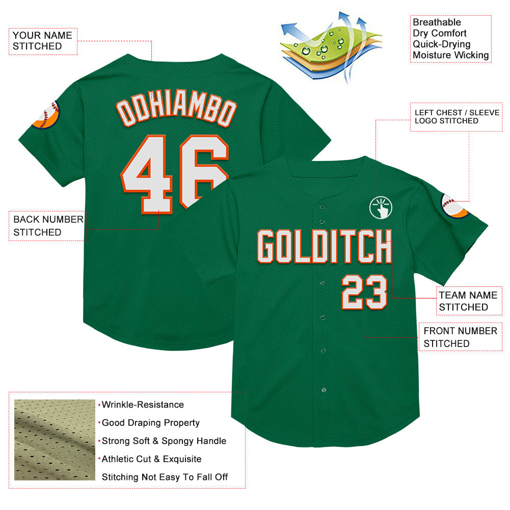 Custom Kelly Green White-Orange Mesh Authentic Throwback Baseball Jersey - Sky-Custom