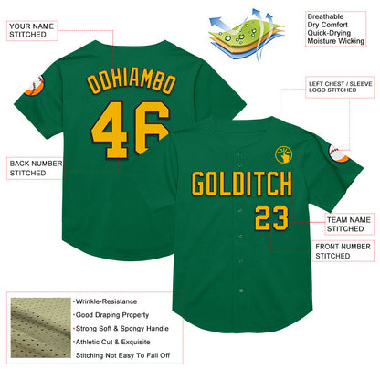 Custom Kelly Green Gold-Black Mesh Authentic Throwback Baseball Jersey - Sky-Custom