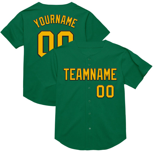 Custom Kelly Green Gold-Black Mesh Authentic Throwback Baseball Jersey - Sky-Custom