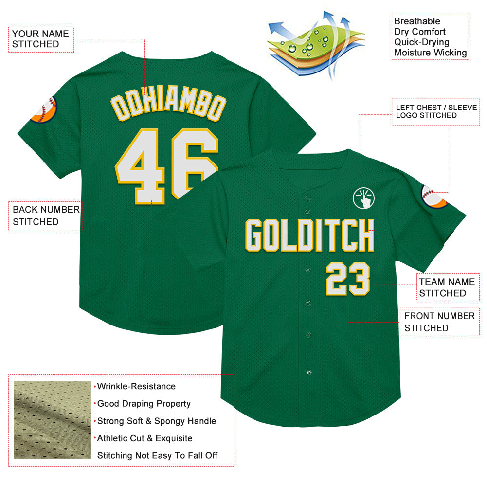 Custom Kelly Green White-Yellow Mesh Authentic Throwback Baseball Jersey - Sky-Custom