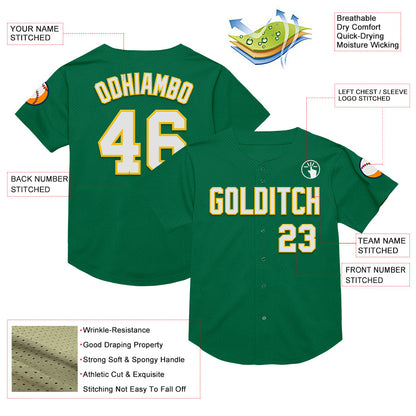 Custom Kelly Green White-Yellow Mesh Authentic Throwback Baseball Jersey - Sky-Custom